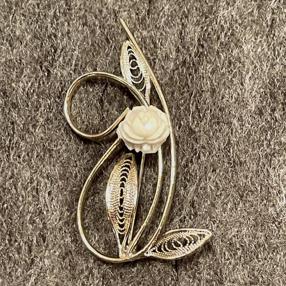 Vintage Mid Century Gold Tone Brooch Pin with a Bone Flower and Filigree Leaves